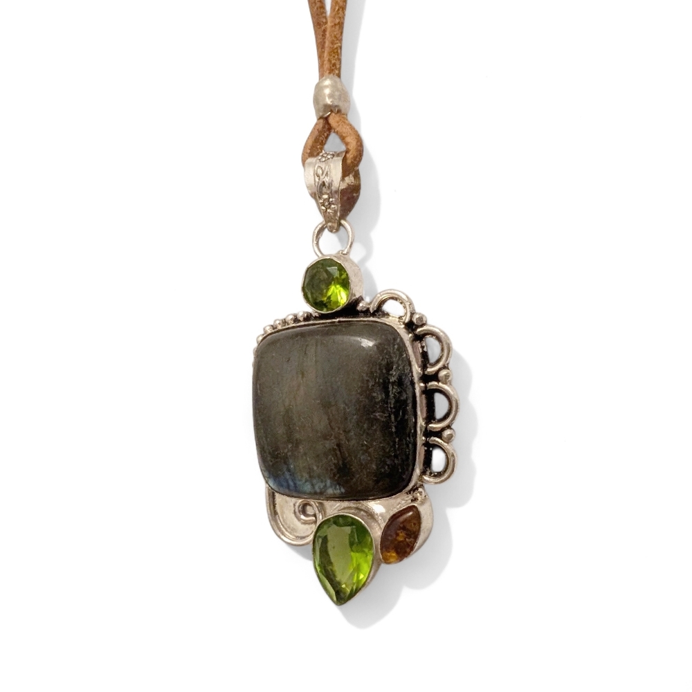 VINTAGE Pendant Necklace Labradorite Peridot 36" 925 Sterling Silver Leather - Picture 7 of 14